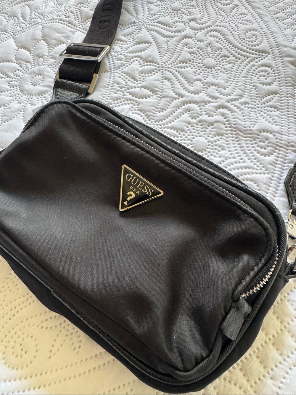 GUESS Black Crossbody Bag with Silver Logo Plate